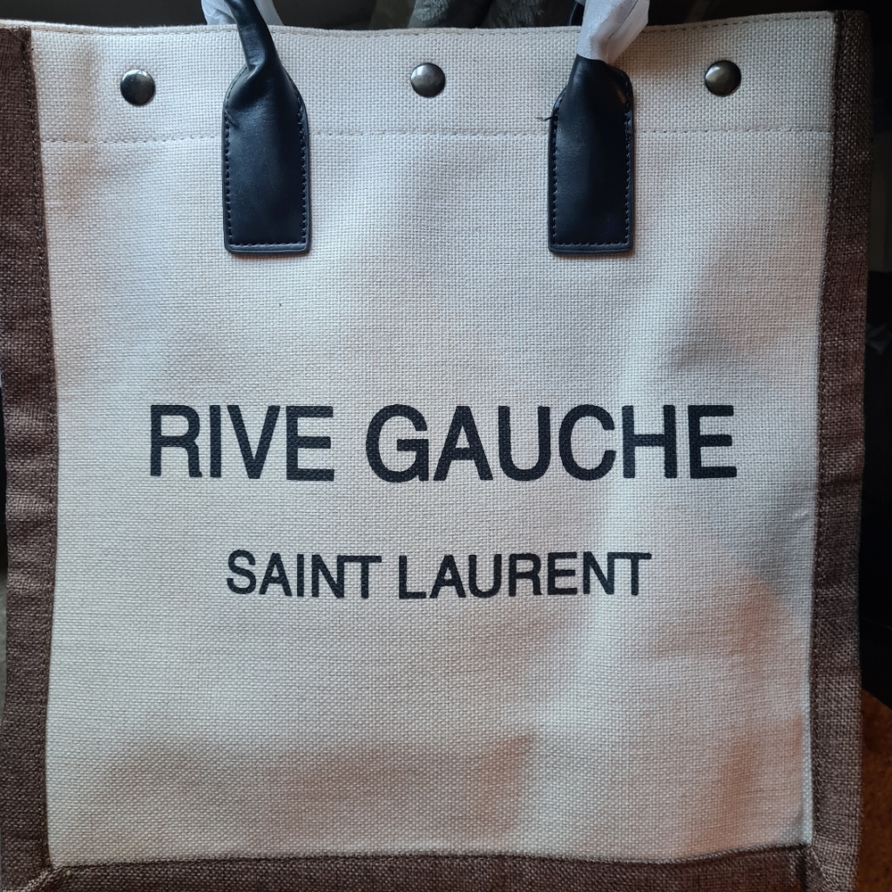 Yves Saint Laurent Rive Gauche Canvas Tote in Cream, Brown, Black